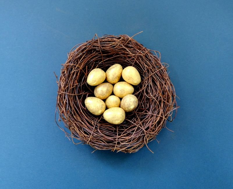 A nest filled with golden eggs placed on a solid blue surface, perfect for Easter themes.