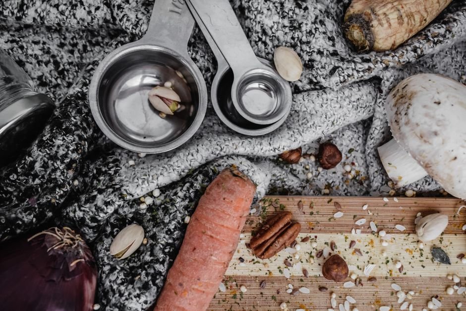 An overhead view showcasing diverse cooking ingredients on a cutting board.